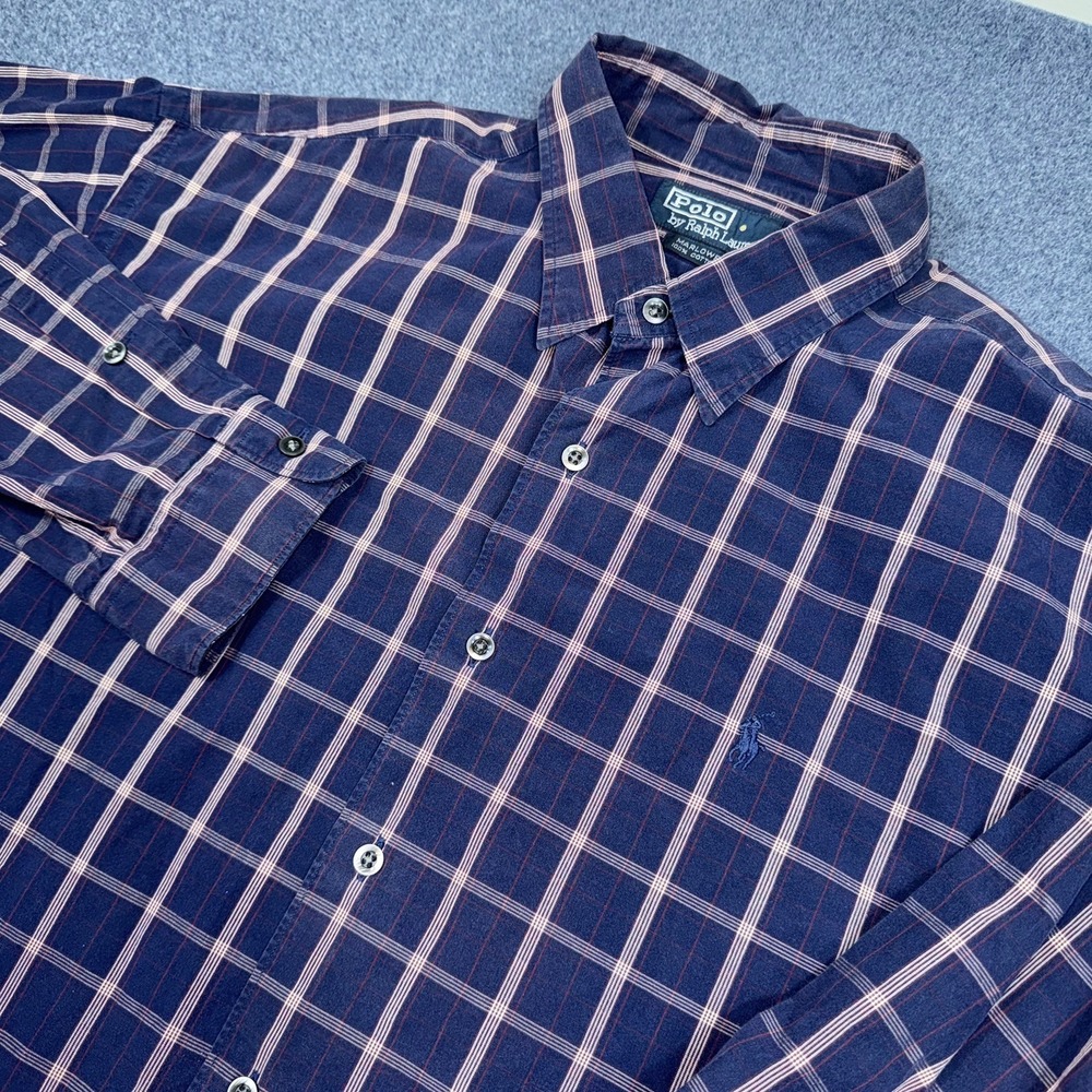 Vintage Polo By Ralph Lauren Marlowe Shirt Mens XL Navy Blue Plaid Button Down